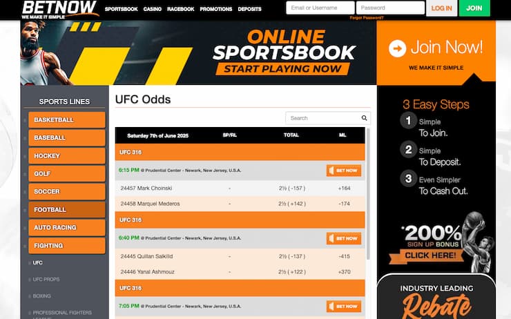 A snapshot of BetNow, one of our top rated UFC betting sites.